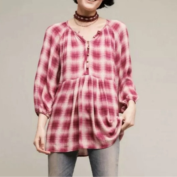 Anthropologie Mauve Red Plaid Billowy Cottagecore Blouse Top W-989 Size Large - Picture 3 of 9